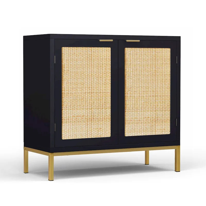 Buffet/meuble d'appoint Anmytek style moderne milieu du siècle en bois et rotin noir avec 2 portes