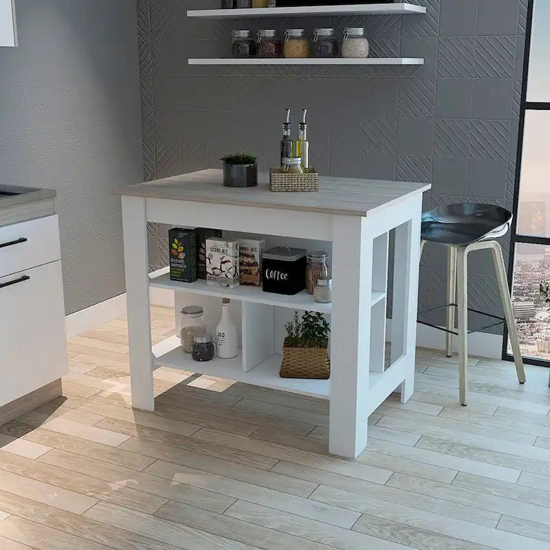 Îlot de cuisine Dozza antibactérien, trois étagères, finition gris clair/blanc