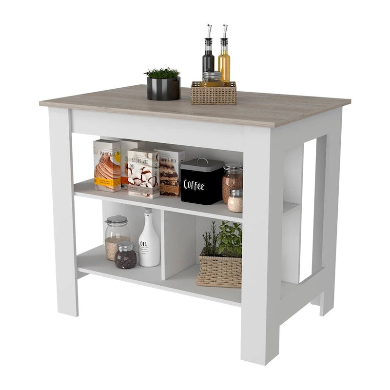 Îlot de cuisine Dozza antibactérien, trois étagères, finition gris clair/blanc