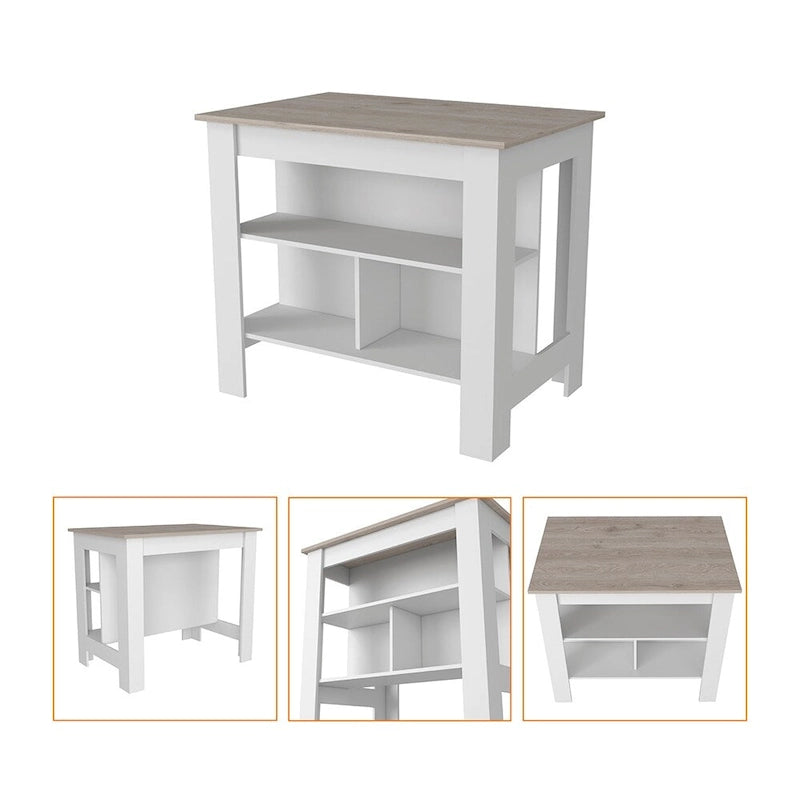 Îlot de cuisine Dozza antibactérien, trois étagères, finition gris clair/blanc