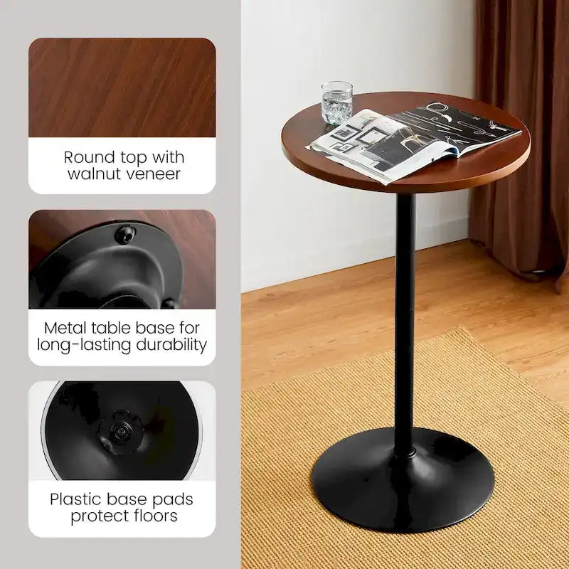 Table de bar ronde Glitzhome style bistro moderne, plateau en noyer, 39,5 po de hauteur