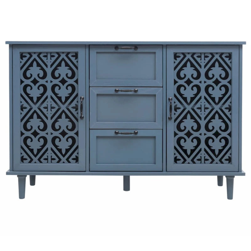 Meuble à 2 portes et 3 tiroirs, style américain, idéal pour une chambre, un salon ou un bureau.