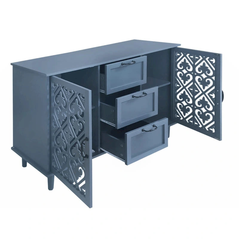 Meuble à 2 portes et 3 tiroirs, style américain, idéal pour une chambre, un salon ou un bureau.