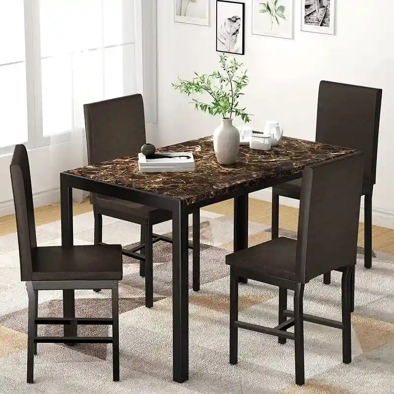 Ensemble de salle à manger moderne 5 pièces en faux marbre avec 4 chaises en cuir PU rembourrées