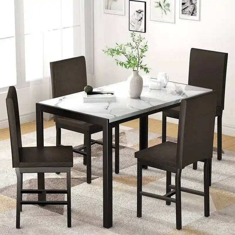 Ensemble de salle à manger moderne 5 pièces en faux marbre avec 4 chaises en cuir PU rembourrées