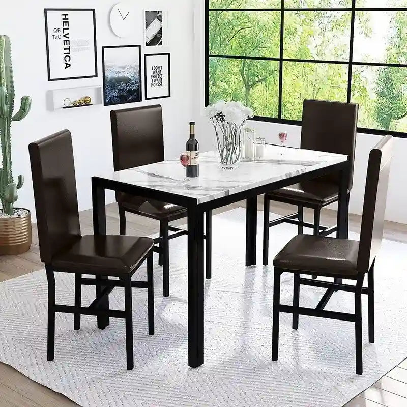 Ensemble de salle à manger moderne 5 pièces en faux marbre avec 4 chaises en cuir PU rembourrées