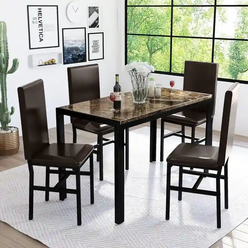 Ensemble de salle à manger moderne 5 pièces en faux marbre avec 4 chaises en cuir PU rembourrées