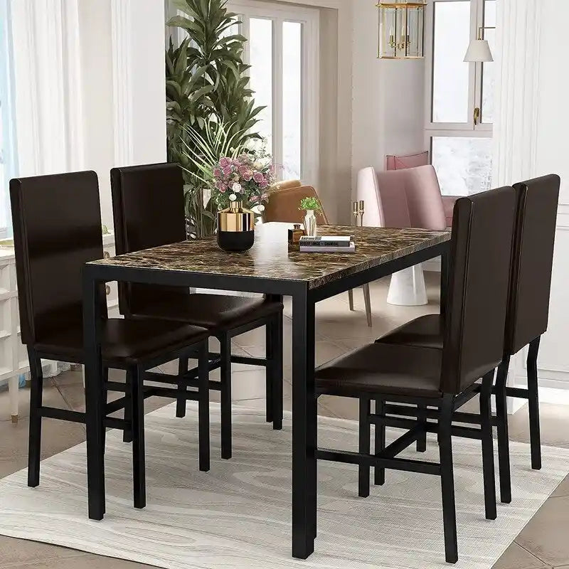 Ensemble de salle à manger moderne 5 pièces en faux marbre avec 4 chaises en cuir PU rembourrées