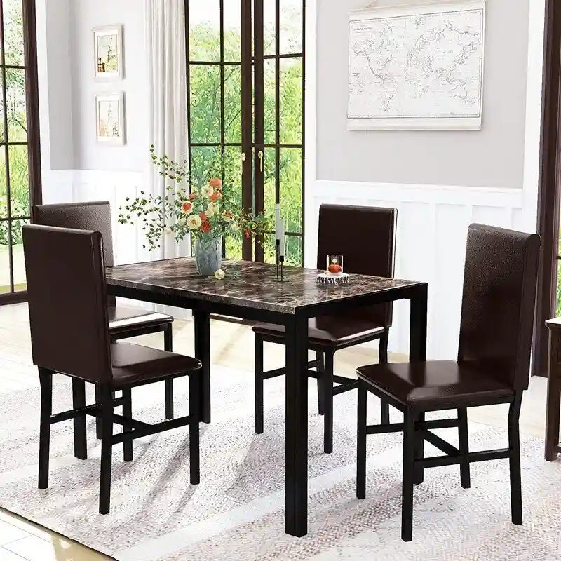 Ensemble de salle à manger moderne 5 pièces en faux marbre avec 4 chaises en cuir PU rembourrées