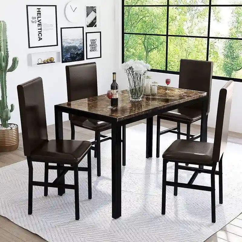 Ensemble de salle à manger moderne 5 pièces en faux marbre avec 4 chaises en cuir PU rembourrées
