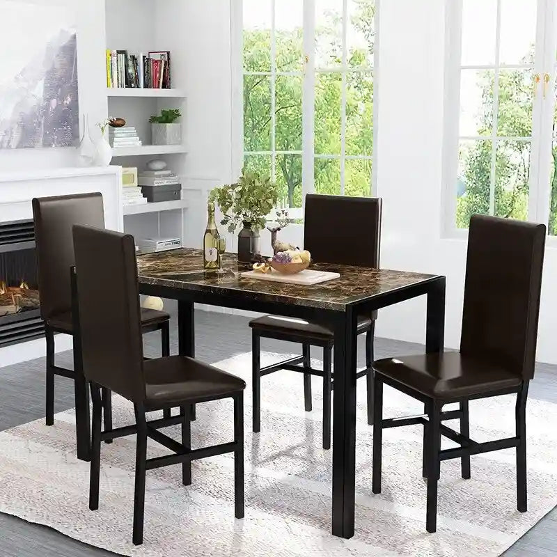 Ensemble de salle à manger moderne 5 pièces en faux marbre avec 4 chaises en cuir PU rembourrées