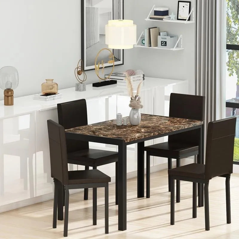 Ensemble de salle à manger moderne 5 pièces en faux marbre avec 4 chaises en cuir PU rembourrées