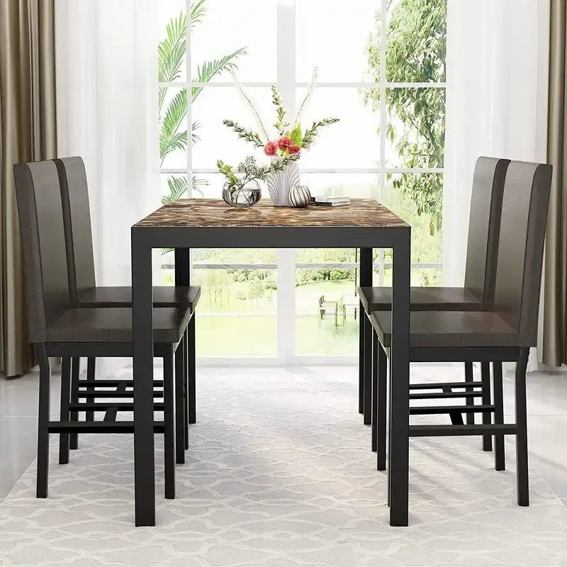 Ensemble de salle à manger moderne 5 pièces en faux marbre avec 4 chaises en cuir PU rembourrées