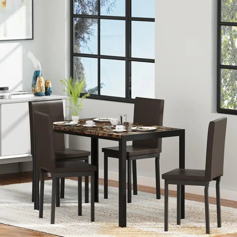 Ensemble de salle à manger moderne 5 pièces en faux marbre avec 4 chaises en cuir PU rembourrées