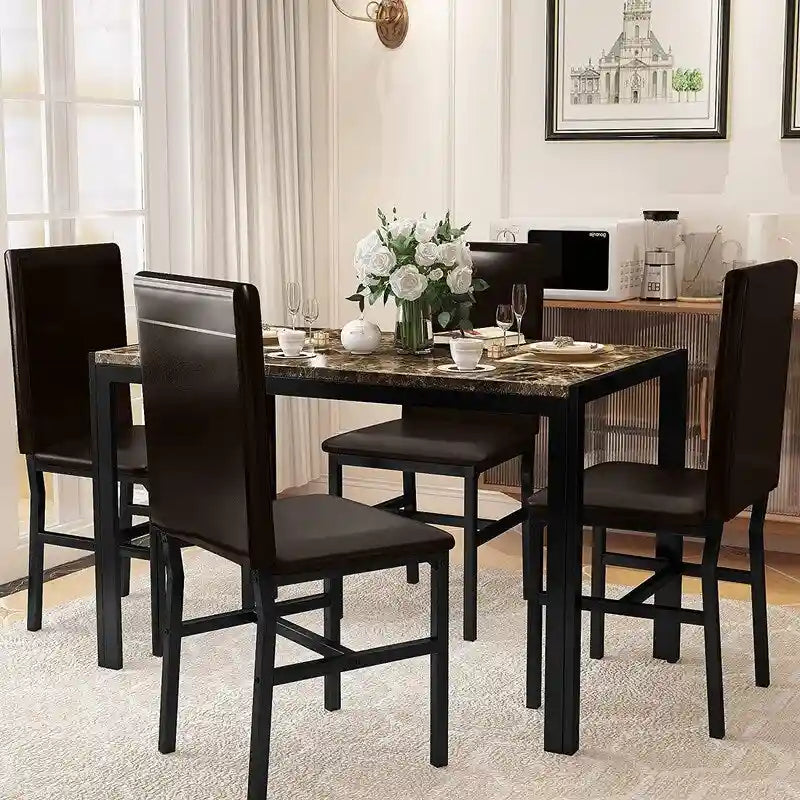 Ensemble de salle à manger moderne 5 pièces en faux marbre avec 4 chaises en cuir PU rembourrées