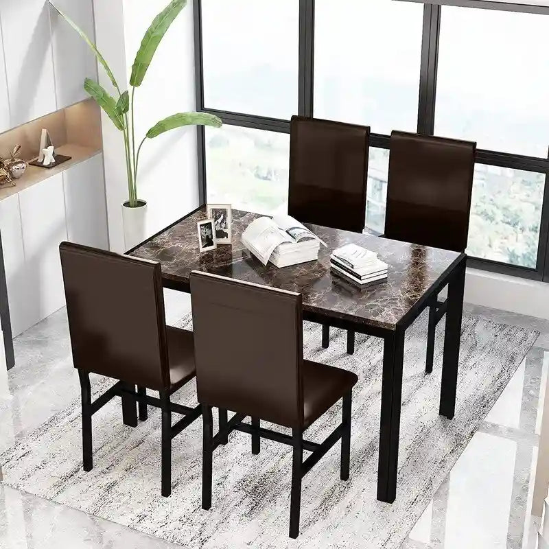 Ensemble de salle à manger moderne 5 pièces en faux marbre avec 4 chaises en cuir PU rembourrées