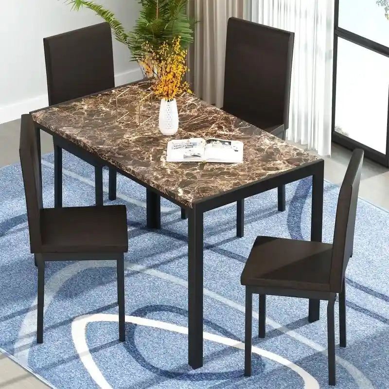 Ensemble de salle à manger moderne 5 pièces en faux marbre avec 4 chaises en cuir PU rembourrées