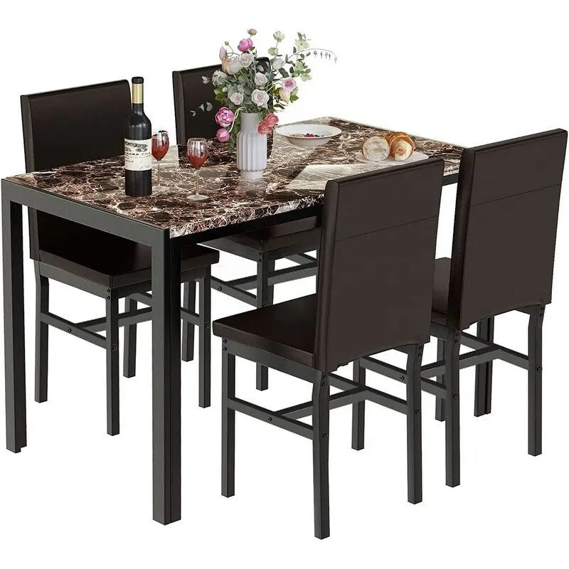 Ensemble de salle à manger moderne 5 pièces en faux marbre avec 4 chaises en cuir PU rembourrées