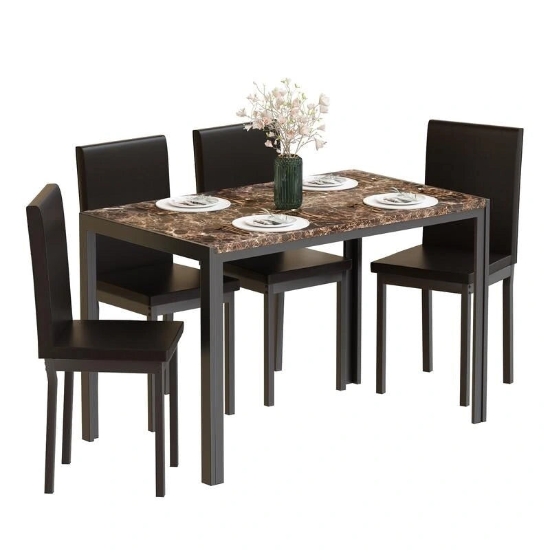 Ensemble de salle à manger moderne 5 pièces en faux marbre avec 4 chaises en cuir PU rembourrées