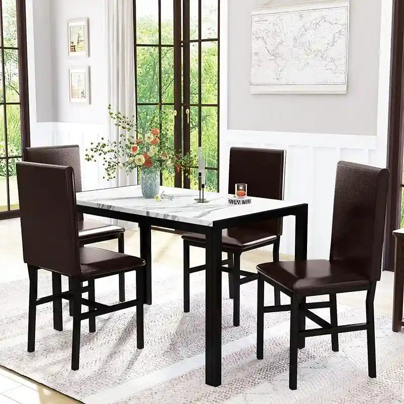 Ensemble de salle à manger moderne 5 pièces en faux marbre avec 4 chaises en cuir PU rembourrées