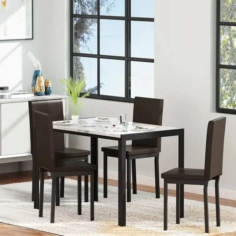 Ensemble de salle à manger moderne 5 pièces en faux marbre avec 4 chaises en cuir PU rembourrées