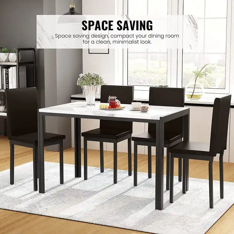 Ensemble de salle à manger moderne 5 pièces en faux marbre avec 4 chaises en cuir PU rembourrées