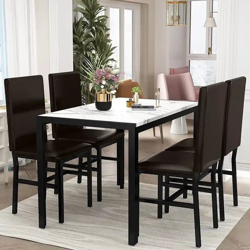 Ensemble de salle à manger moderne 5 pièces en faux marbre avec 4 chaises en cuir PU rembourrées