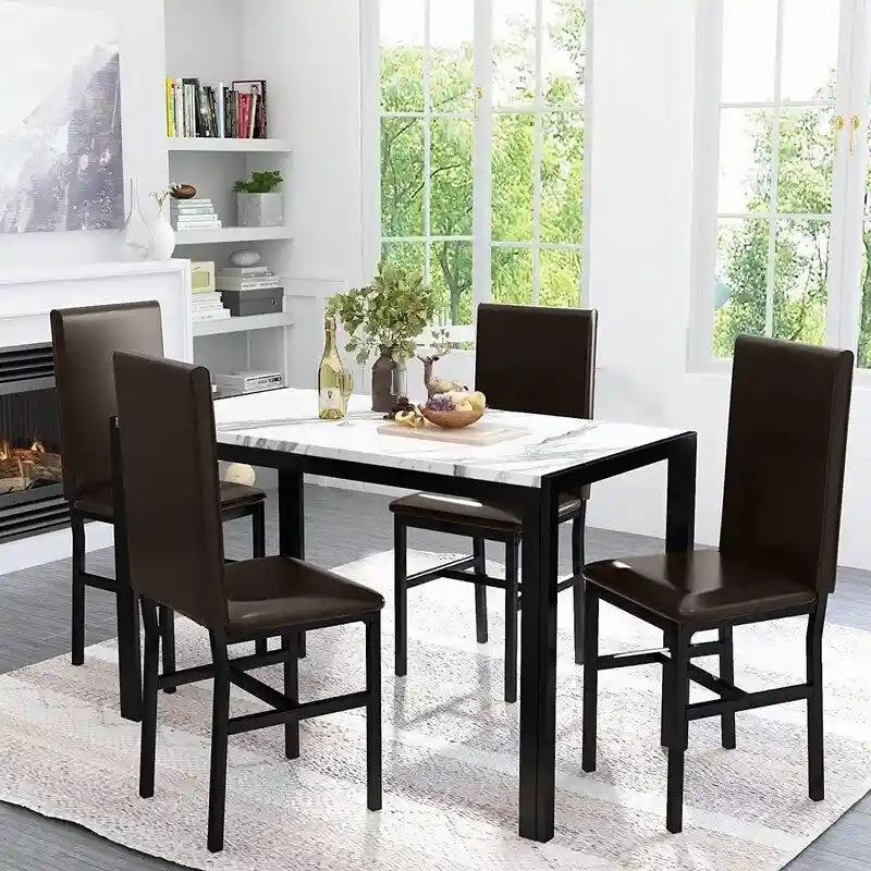 Ensemble de salle à manger moderne 5 pièces en faux marbre avec 4 chaises en cuir PU rembourrées