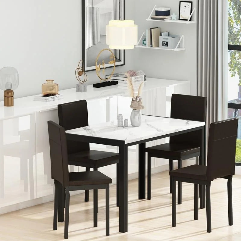 Ensemble de salle à manger moderne 5 pièces en faux marbre avec 4 chaises en cuir PU rembourrées