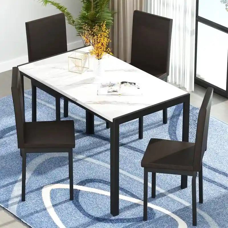 Ensemble de salle à manger moderne 5 pièces en faux marbre avec 4 chaises en cuir PU rembourrées