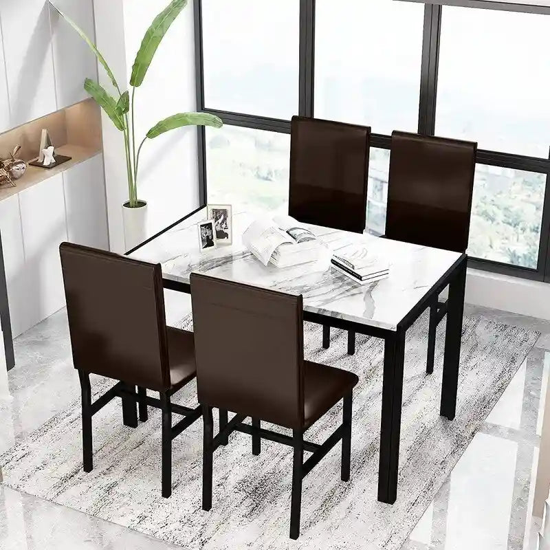 Ensemble de salle à manger moderne 5 pièces en faux marbre avec 4 chaises en cuir PU rembourrées
