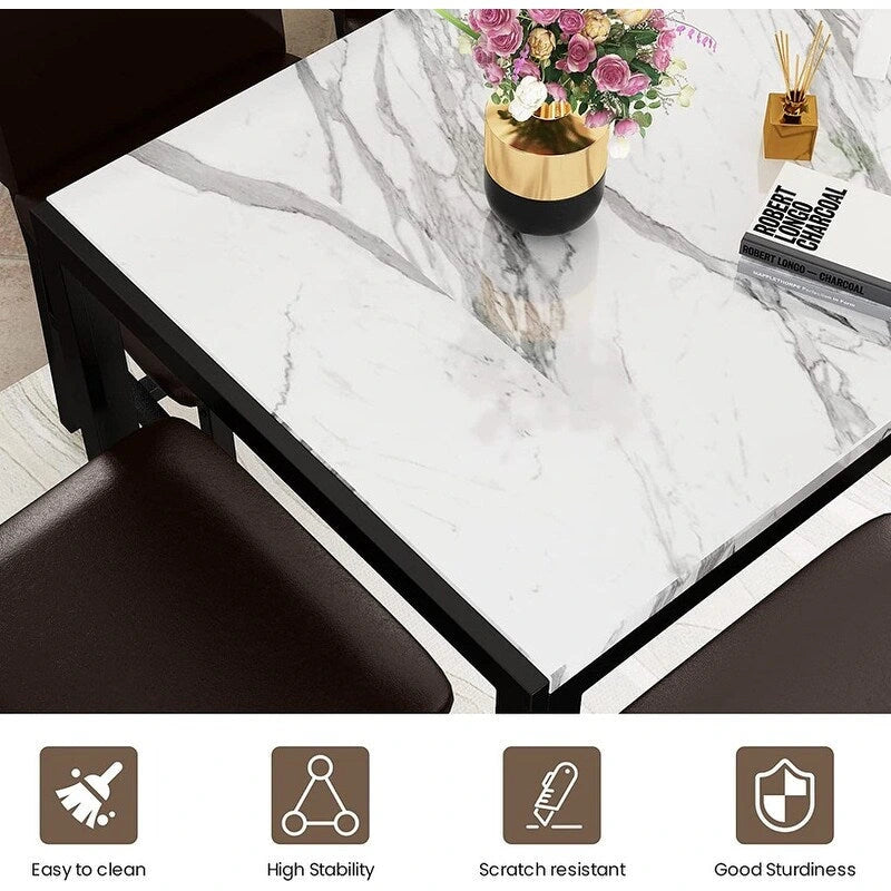 Ensemble de salle à manger moderne 5 pièces en faux marbre avec 4 chaises en cuir PU rembourrées
