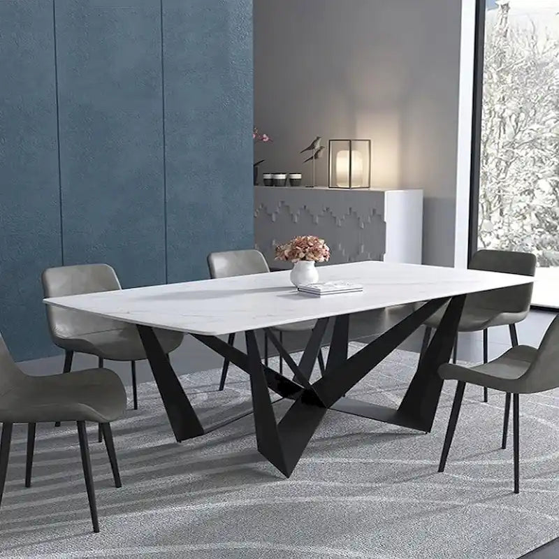 Table de salle à manger rectangulaire moderne et élégante avec plateau en pierre frittée blanche
