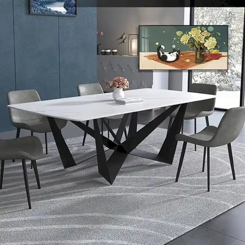 Table de salle à manger rectangulaire moderne et élégante avec plateau en pierre frittée blanche