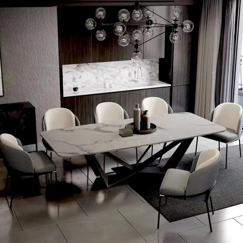 Table de salle à manger rectangulaire moderne et élégante avec plateau en pierre frittée blanche