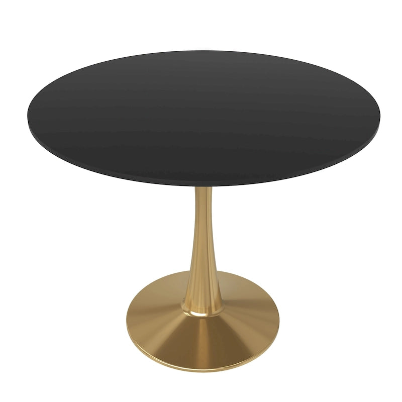 Table de salle à manger ronde LeisureMod Bristol 35 pour 4 personnes, plateau en MDF et piètement en acier doré, idéale pour la cuisine et la salle à manger.
