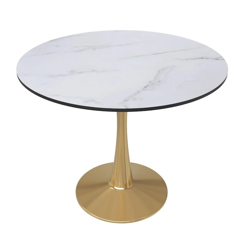 Table de salle à manger ronde LeisureMod Bristol 35 pour 4 personnes, plateau en MDF et piètement en acier doré, idéale pour la cuisine et la salle à manger.