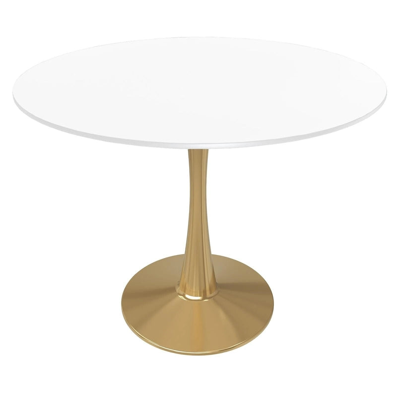 Table de salle à manger ronde LeisureMod Bristol 35 pour 4 personnes, plateau en MDF et piètement en acier doré, idéale pour la cuisine et la salle à manger.