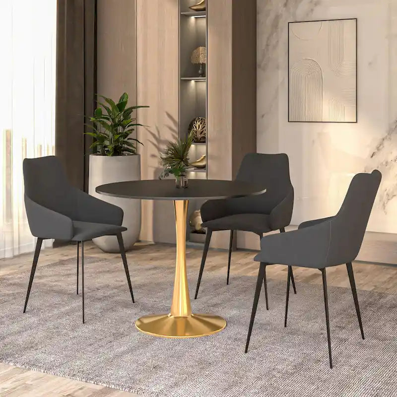 Table de salle à manger ronde LeisureMod Bristol 35 pour 4 personnes, plateau en MDF et piètement en acier doré, idéale pour la cuisine et la salle à manger.