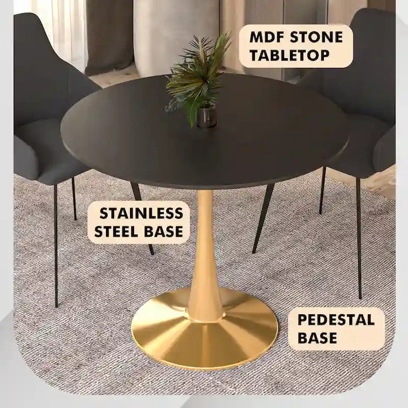 Table de salle à manger ronde LeisureMod Bristol 35 pour 4 personnes, plateau en MDF et piètement en acier doré, idéale pour la cuisine et la salle à manger.