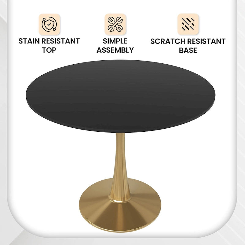Table de salle à manger ronde LeisureMod Bristol 35 pour 4 personnes, plateau en MDF et piètement en acier doré, idéale pour la cuisine et la salle à manger.