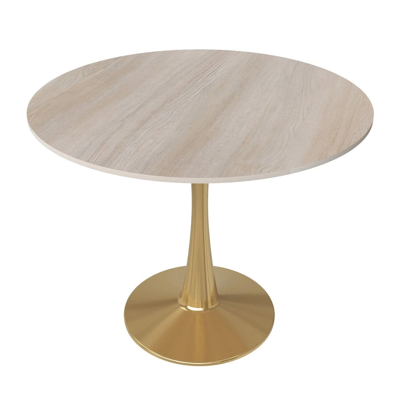 Table de salle à manger ronde LeisureMod Bristol 35 pour 4 personnes, plateau en MDF et piètement en acier doré, idéale pour la cuisine et la salle à manger.