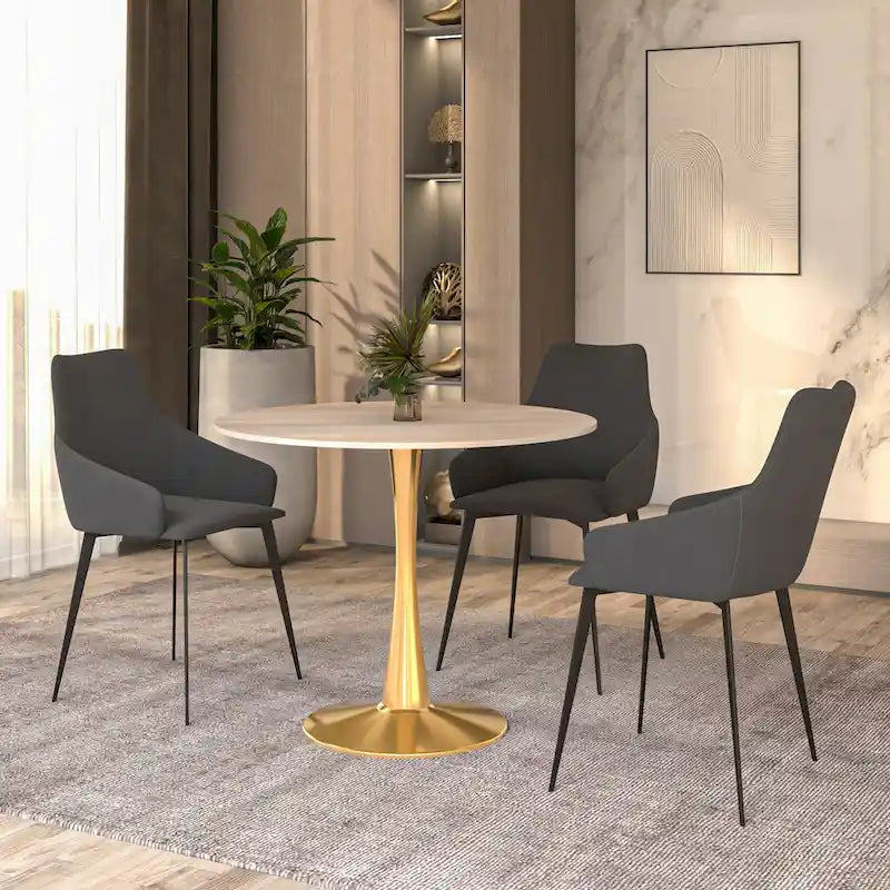 Table de salle à manger ronde LeisureMod Bristol 35 pour 4 personnes, plateau en MDF et piètement en acier doré, idéale pour la cuisine et la salle à manger.