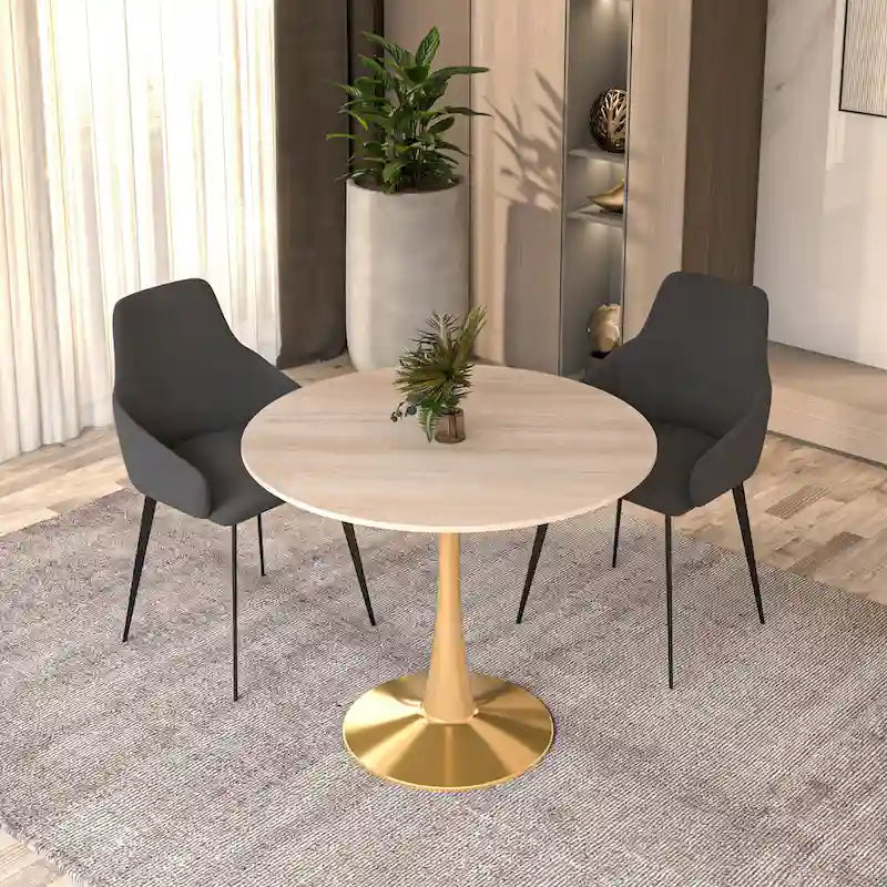 Table de salle à manger ronde LeisureMod Bristol 35 pour 4 personnes, plateau en MDF et piètement en acier doré, idéale pour la cuisine et la salle à manger.