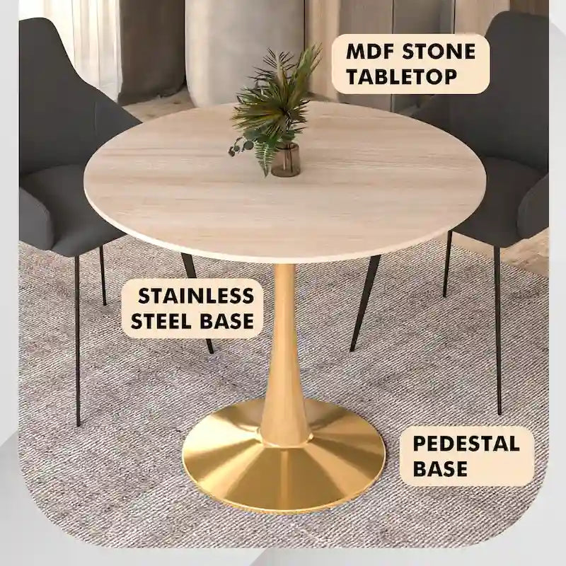 Table de salle à manger ronde LeisureMod Bristol 35 pour 4 personnes, plateau en MDF et piètement en acier doré, idéale pour la cuisine et la salle à manger.