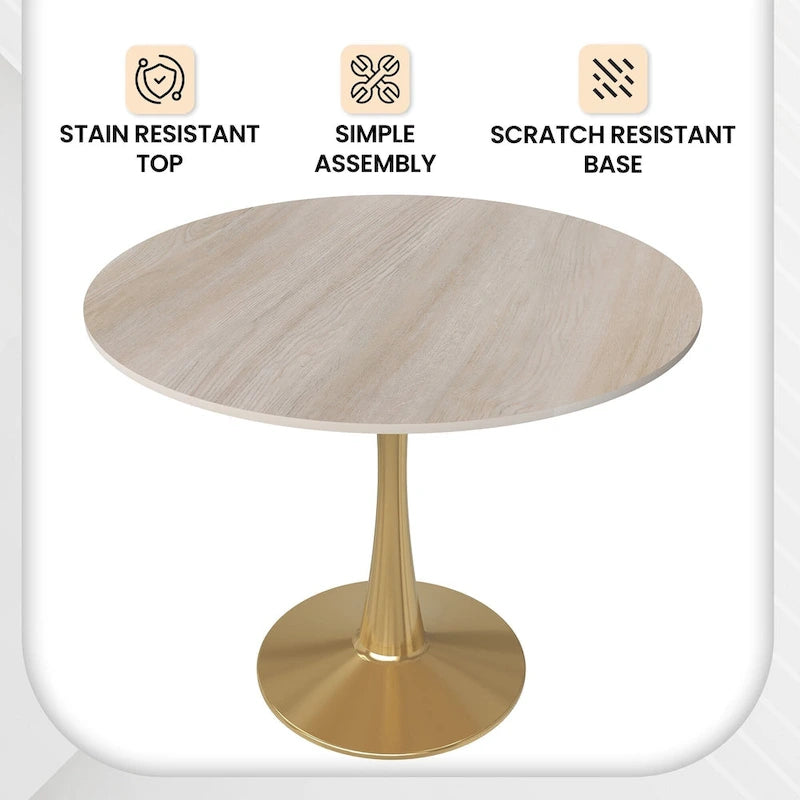 Table de salle à manger ronde LeisureMod Bristol 35 pour 4 personnes, plateau en MDF et piètement en acier doré, idéale pour la cuisine et la salle à manger.