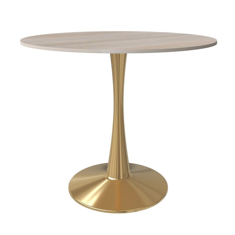 Table de salle à manger ronde LeisureMod Bristol 35 pour 4 personnes, plateau en MDF et piètement en acier doré, idéale pour la cuisine et la salle à manger.