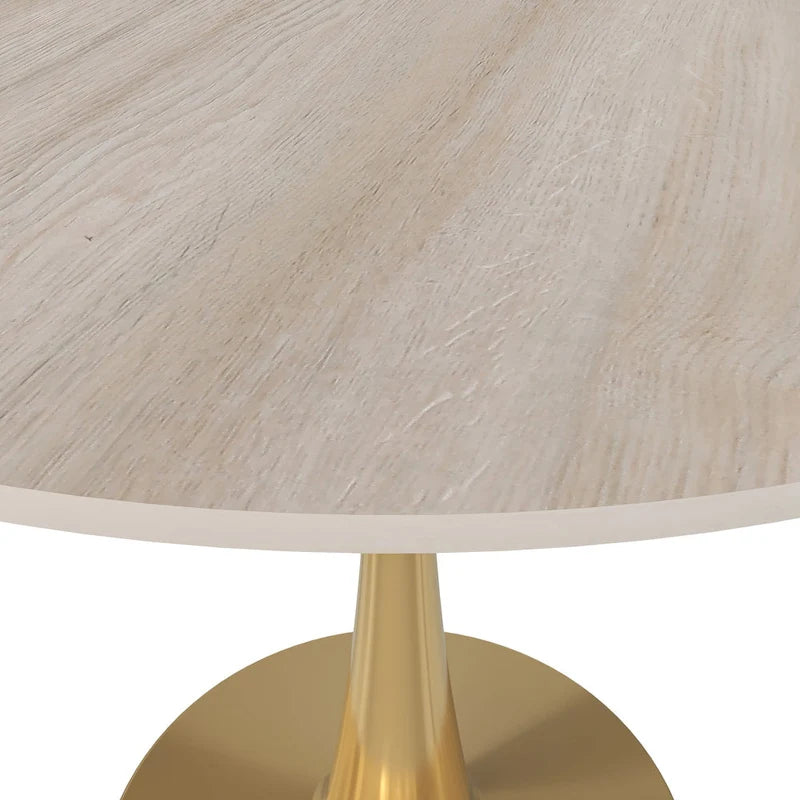 Table de salle à manger ronde LeisureMod Bristol 35 pour 4 personnes, plateau en MDF et piètement en acier doré, idéale pour la cuisine et la salle à manger.