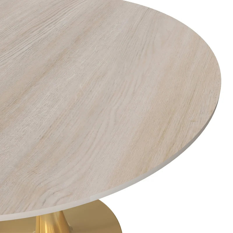 Table de salle à manger ronde LeisureMod Bristol 35 pour 4 personnes, plateau en MDF et piètement en acier doré, idéale pour la cuisine et la salle à manger.
