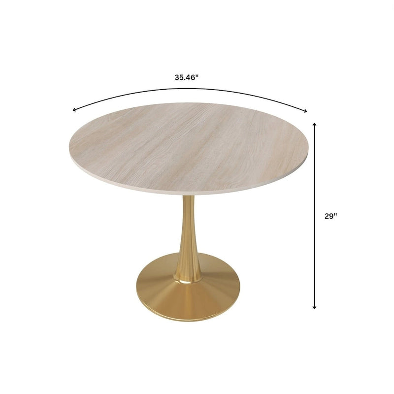 Table de salle à manger ronde LeisureMod Bristol 35 pour 4 personnes, plateau en MDF et piètement en acier doré, idéale pour la cuisine et la salle à manger.